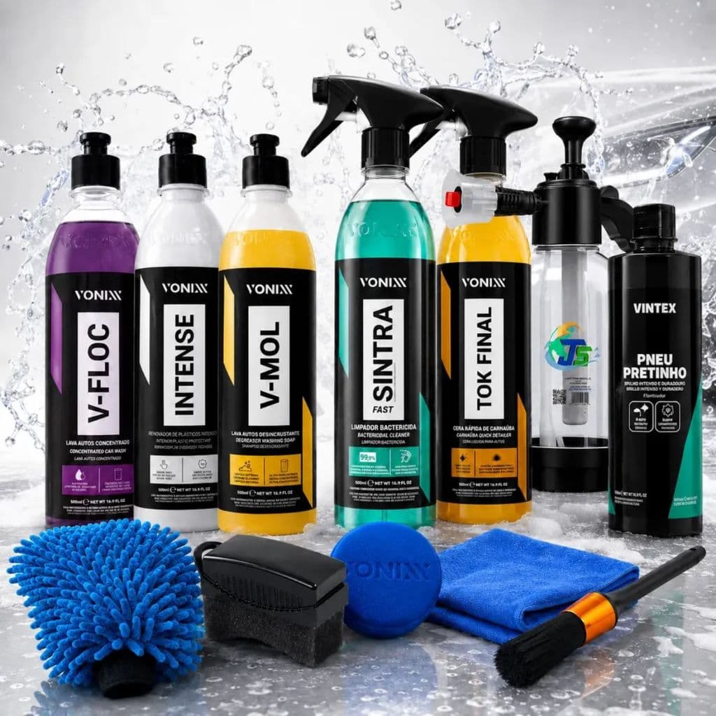 Kit Completo Lavar Carro Rapido Cera Pulverizador 2l Brilho V-Floc V-Mol Intense Sintra Fast Pneu Pretinho tok final