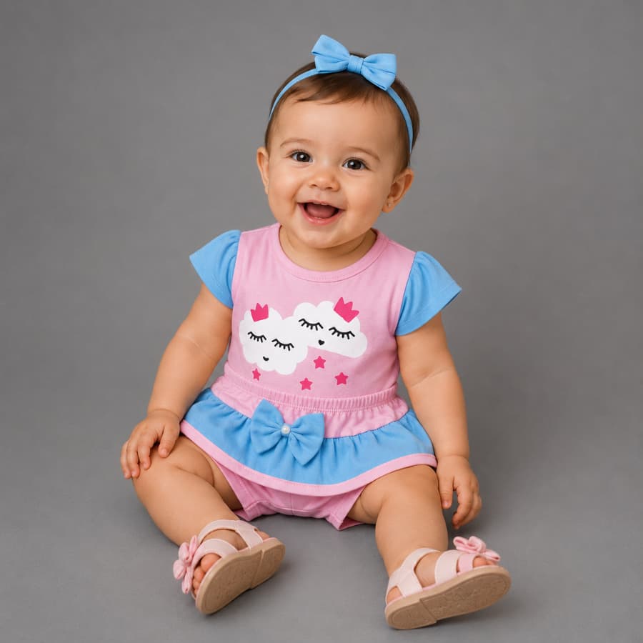Conjunto de Bebe Menina Verão Nuvem Chuva de Amor Calor Blogueirinha Passeio 6 a 9 Meses