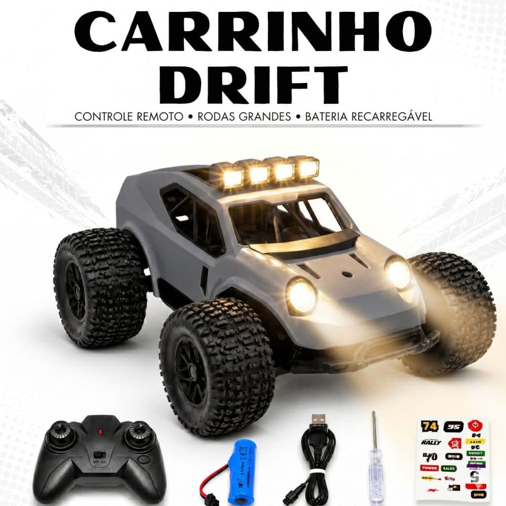 Carrinho de Controle Remoto Off-Road Drift Com Faróis de LED Super Resistente Brinquedo Menino