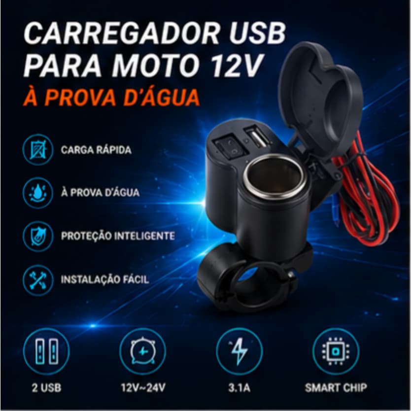 Carregador Moto USB 12V À Prova D’água Carga Rápida Para Celular GPS