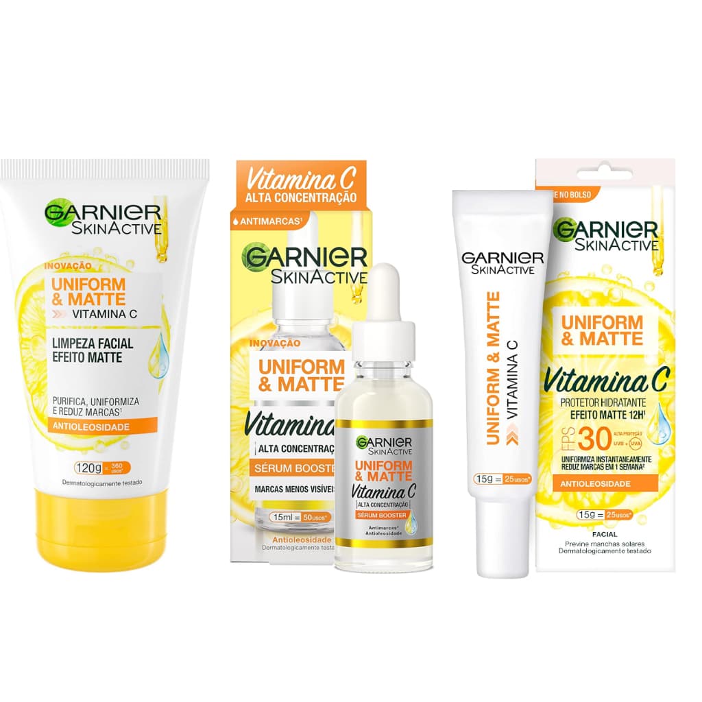 Kit Skincare Vitamina C Sabonete 120g + Serum 15ml + Protetor Hidratante Facial 15ml Garnier Uniform & Matte