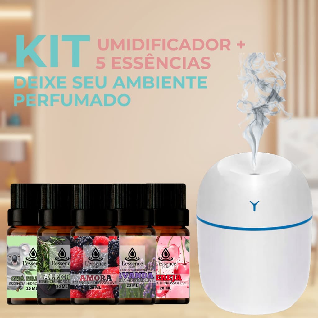 umidificador de ar LED + 5 Essências hidrossoluveis 20ml | Difusor elétrico | Aromatizador de ambiente