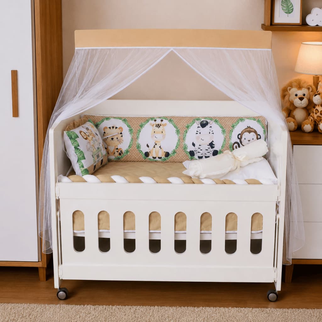 Kit Mini Berço Safari Caqui 10 Peças Enxoval Completo Protetor Com Trança E Mosquiteiro Bebê Menino
