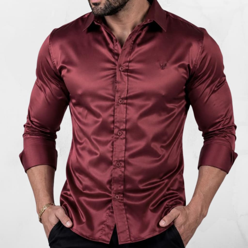 Camisa Social Masculina Slim Fit Manga Longa Tecido Acetinado Premium Elegante