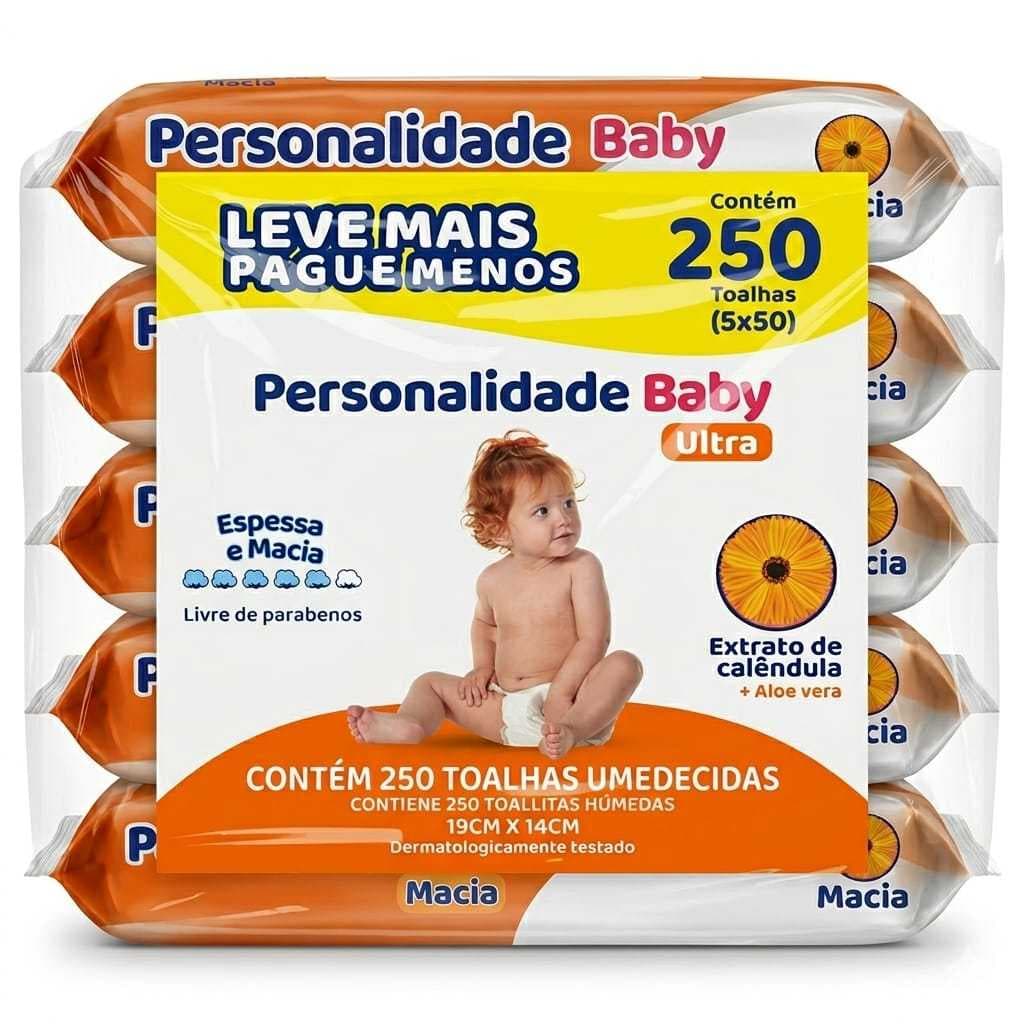 Lenço Toalha Umedecida Personalidade Baby Ultra, Pack C/250, 5 Pacotes Com 50 Unidades Cada Hipoalergênicas Multiuso