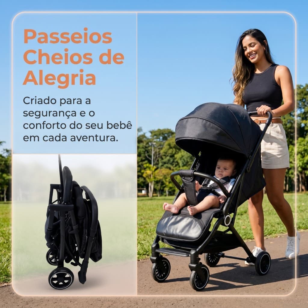 Carrinho De Bebê Passeio Vira Compact Até 15kg Com Alça Reversível Kids Baby Preto