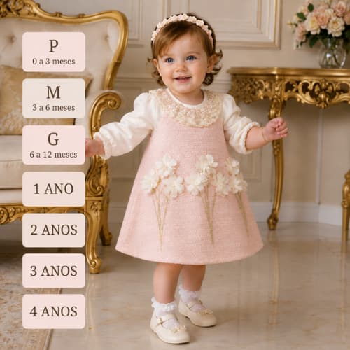 Vestido Bebê Menina 0 A 4 ANOS com Flores 3D e Blusa Manga Longa Renda – Lookinho Elegante Infantil Brokinha