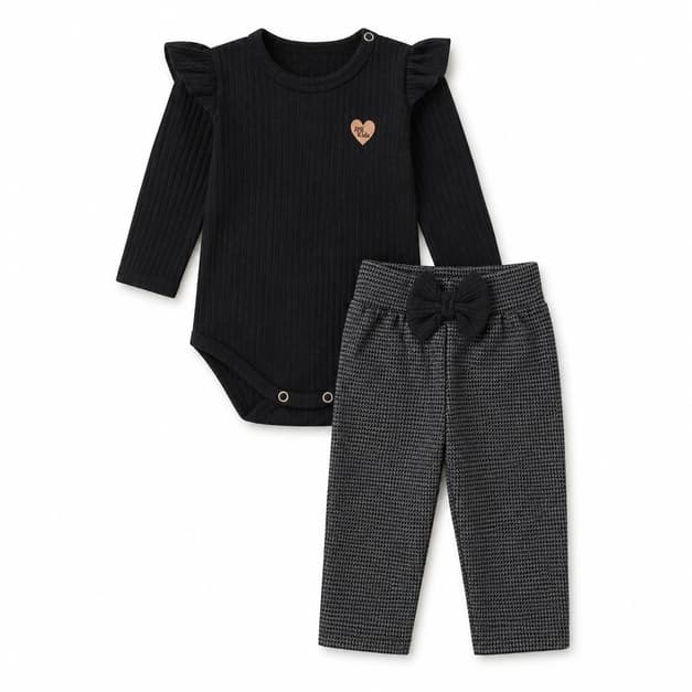 Conjunto Bebê Menina Body Canelado Preto Calça Pied de Poule Manga Longa Inverno Quentinho Ame Kids