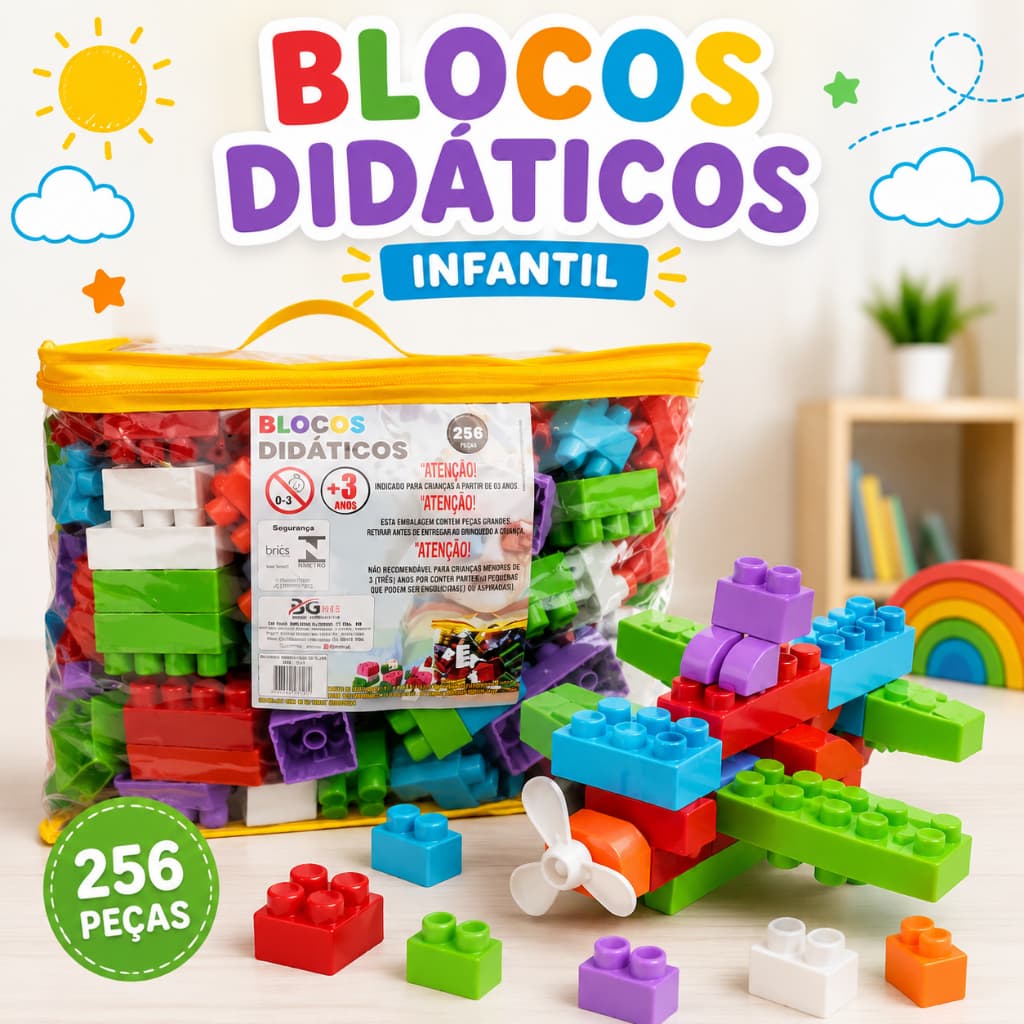Blocos de Montar Infantil  256 Peças Grande Brinquedo Tipo Lego Educacional Colorido Didático