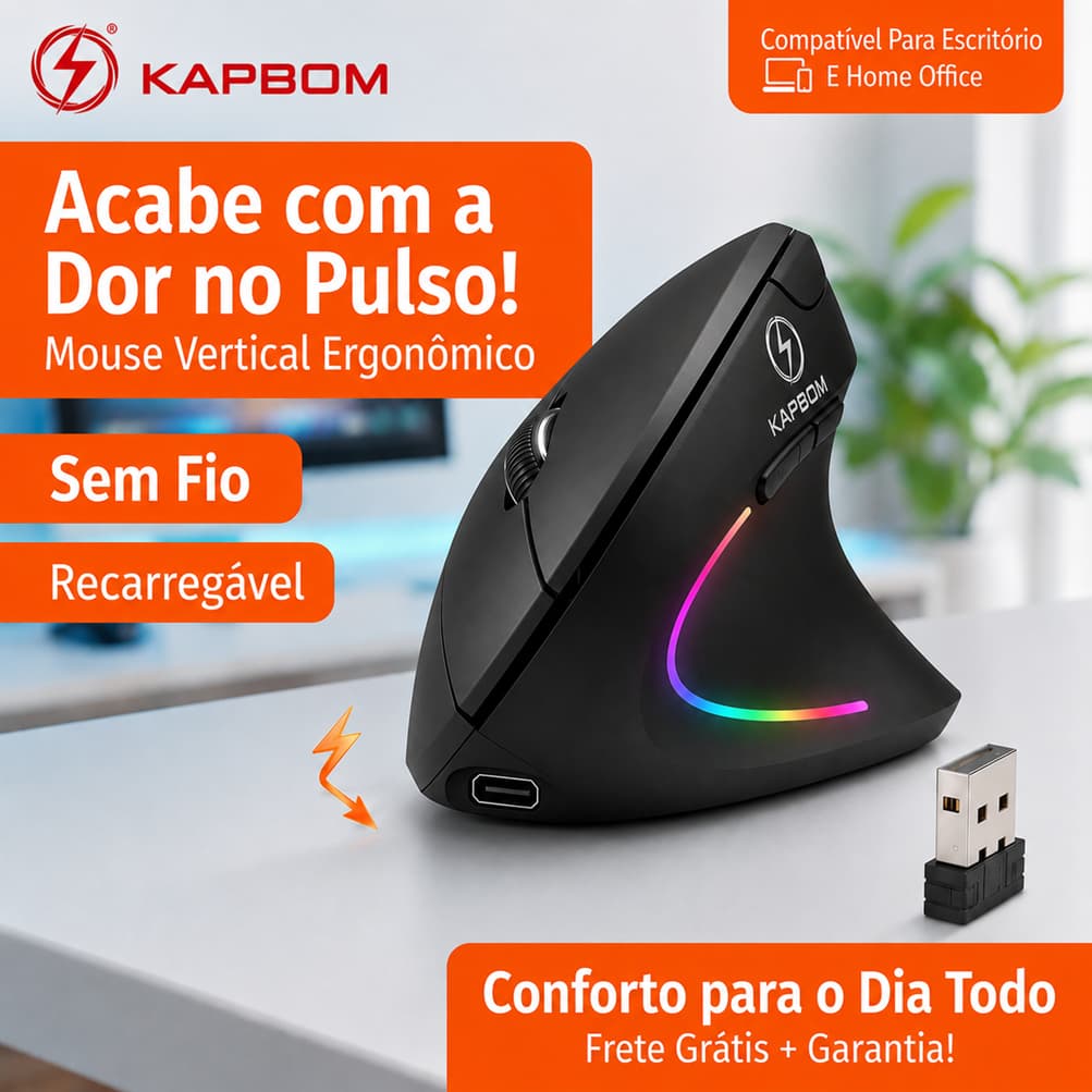 Mouse Vertical Ergonômico Destro Sem Fio Recarregável Kapbom KA-612 USB Bluetooth Silencioso para Notebook PC Gamer