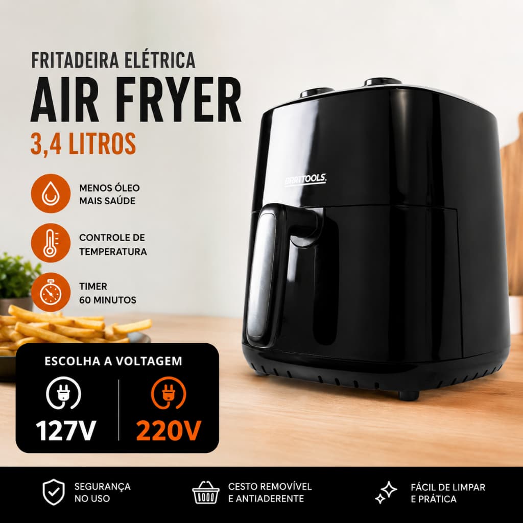 Fritadeira Sem Óleos Air Fryer Capacidade 3,4 Litros Potencia 1200 Watts Cozinha Saudavel