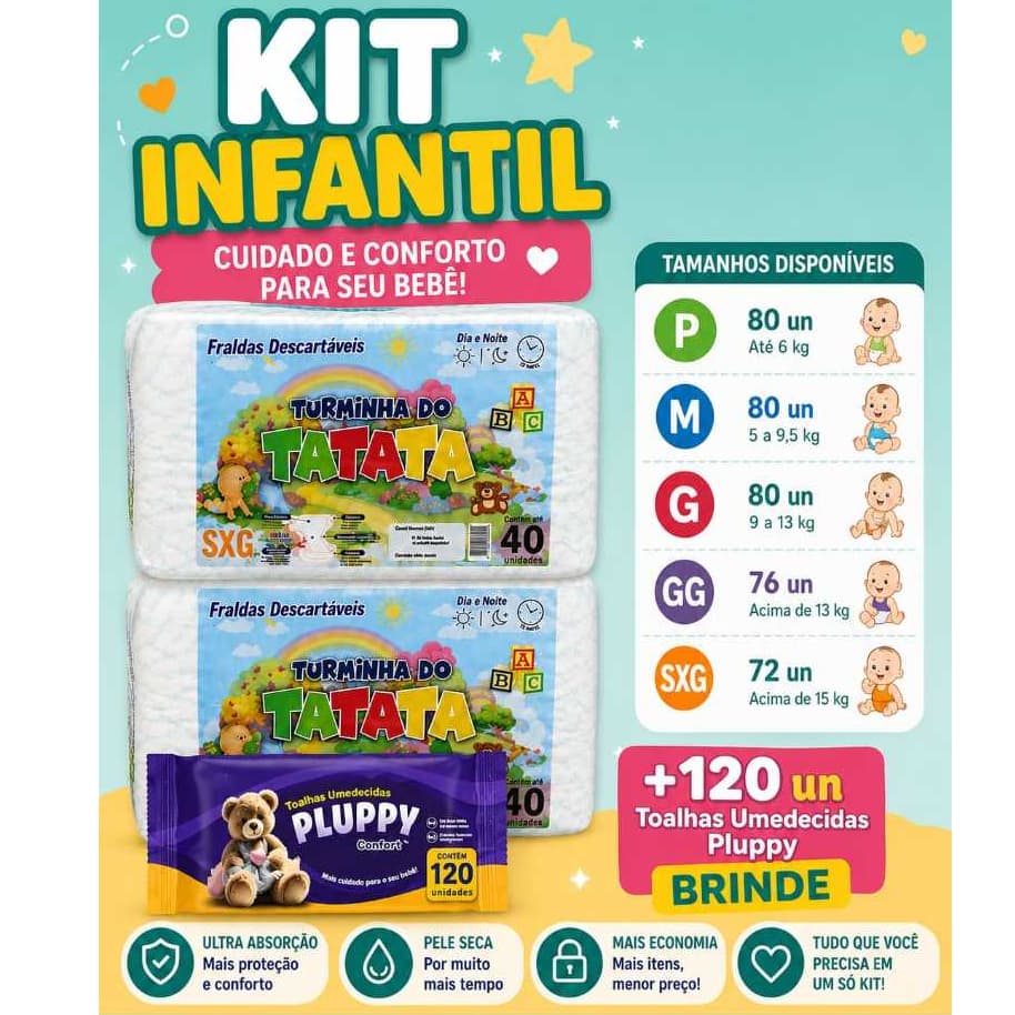 Turminha do Tatata 2 Pacotões Fralda Infantil (Qualquer Tamanho) + 120 un Toalhas Umedecidas Plupyy (P - 80 un M - 80 un