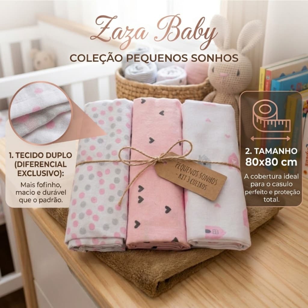 Kit 3 Cueiro Bebê 100% Algodão Duplo 80x80 Manta Enxoval Recém Nascido Charutinho Reforçado
