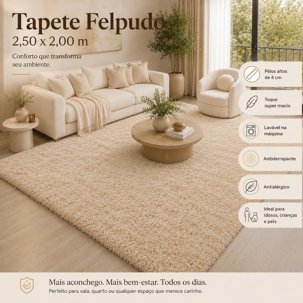 Tapete Felpudo 2,00x2,50 Peludo 4cm Antiderrapante Lavável Sala Quarto Shaggy Macio