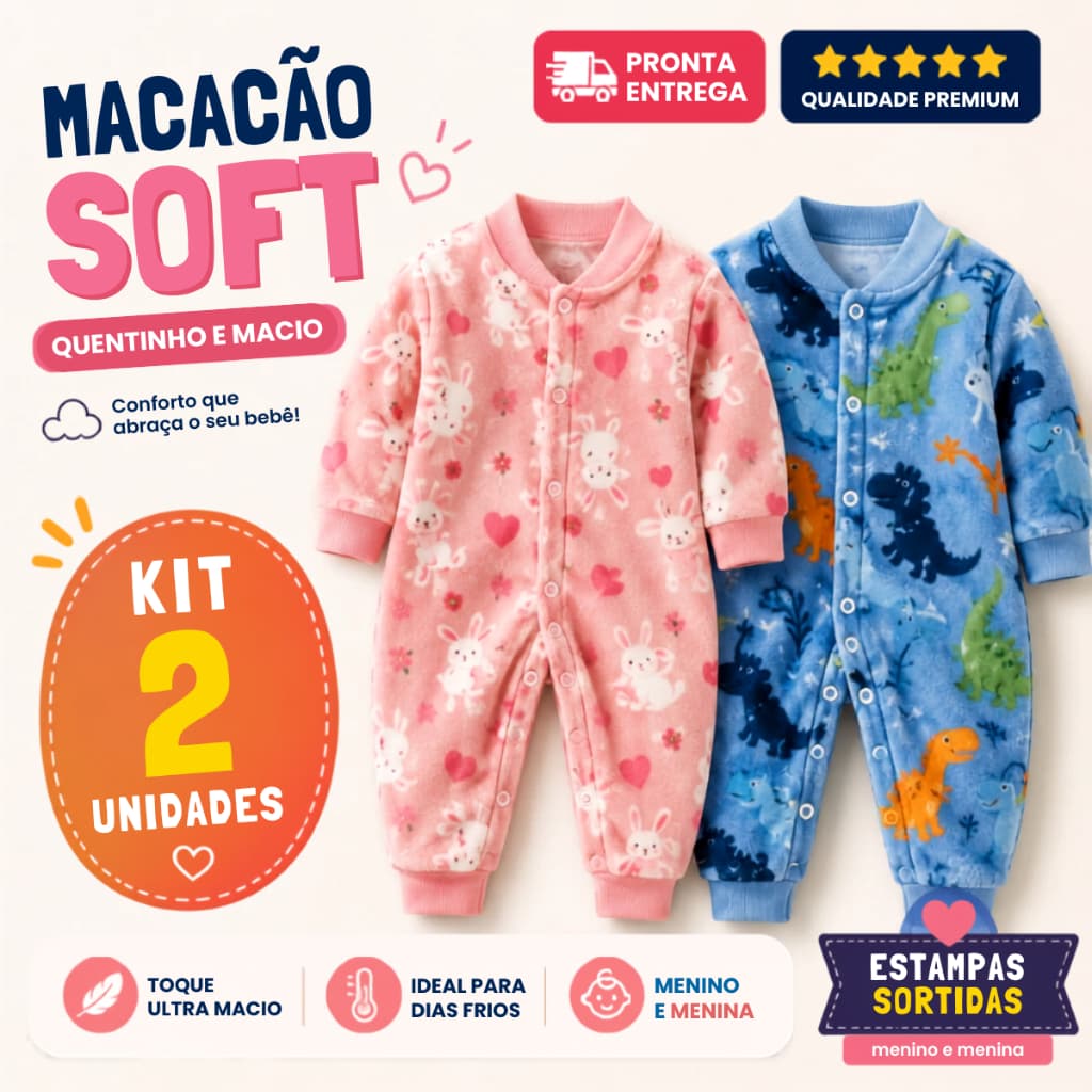 Kit 2 Macacão Soft De Bebê Com Botões Enxoval Infantil Menina Menino