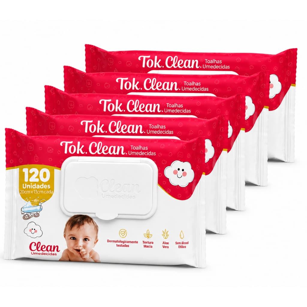 Lencinho Umedecido Kit de 5, 10, 15 e 20 Pct Tok Clean Bebê Dermatologicamente Testadas Sem Álcool