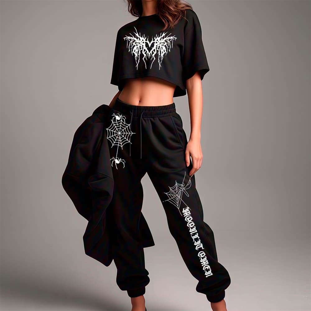 Conjunto Feminino Cropped Oversized e Calça Moletom Jogger Aranha Spider Girl Teia Gotico Streetwear