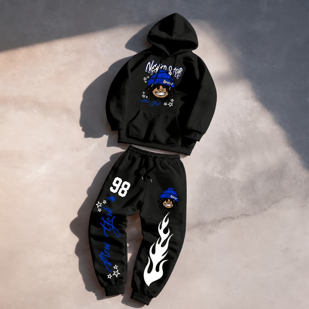 Kit Conjunto Moletom Canguru e Calça Moletom Jogger Estampado Frases Hip Hop Never Stop Streetwear