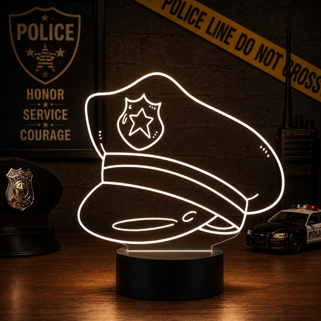 Luminária Led 3d | Polícia Policial Quepe | Abajur Presente Criativo Decoração Multicores