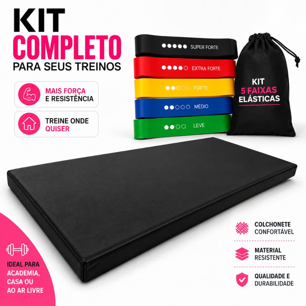 Kit Colchonete Fitness Preto + Kit 5 Faixas Elásticas Academia Musculação Treino Funcional Pilates