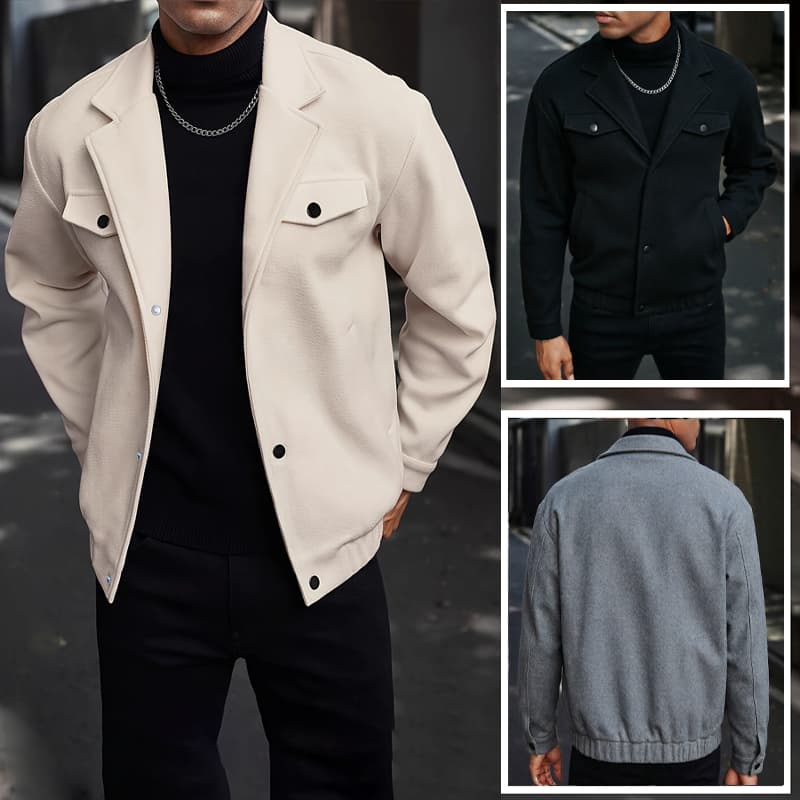 Nova Masculina Jaqueta Casual de Manga Longa com Gola Lapela de Cor Sólida Solto e Versátil Estilo