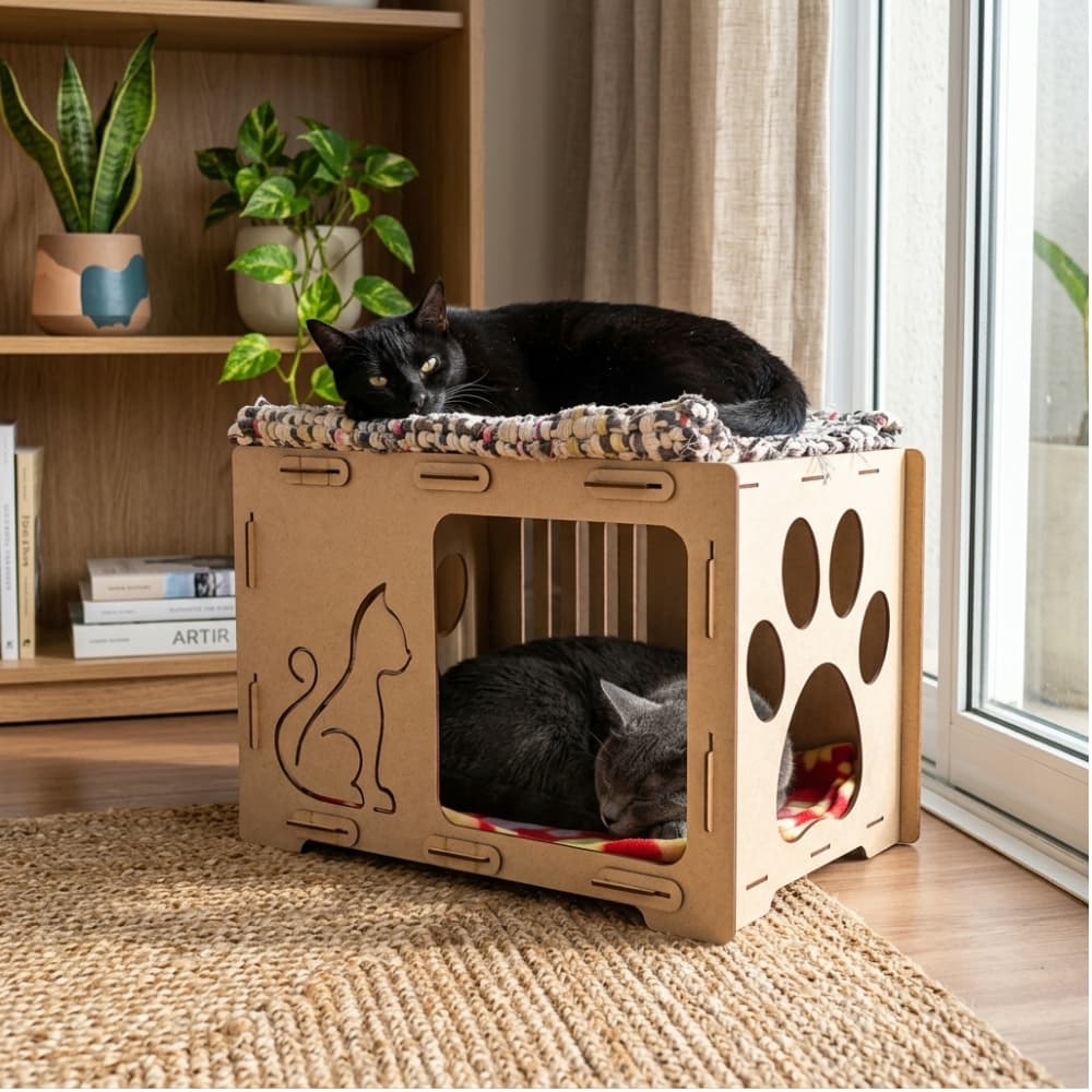Casa para Gato MDF Casinha Toca Gatil Decorativa Fácil Montar Desenho Vazado Presente Pet