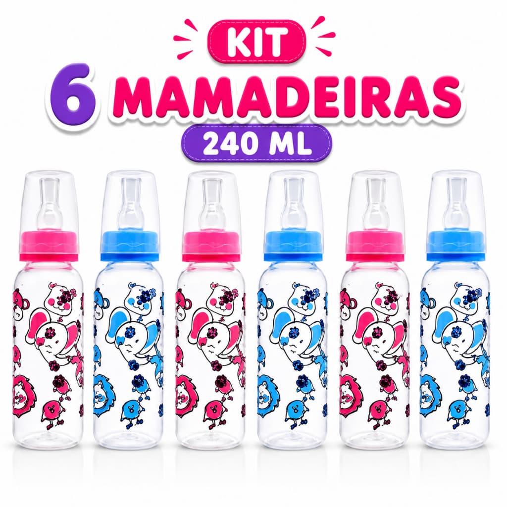 Kit 6 Mamadeiras para Bebê 240 ml Amplas Bico Ortodôntico BPA Free