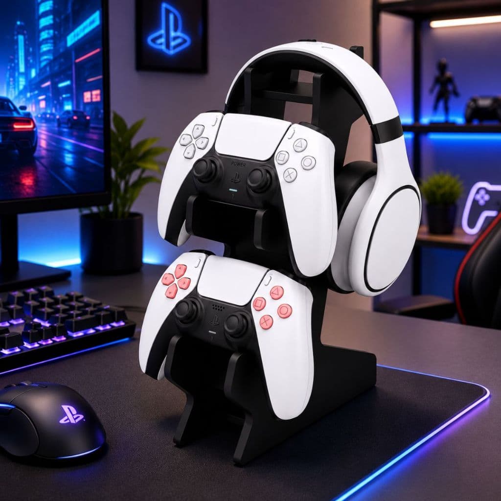 Suporte Porta Controle Videogame Headset Fone de Ouvido em MDF Preto