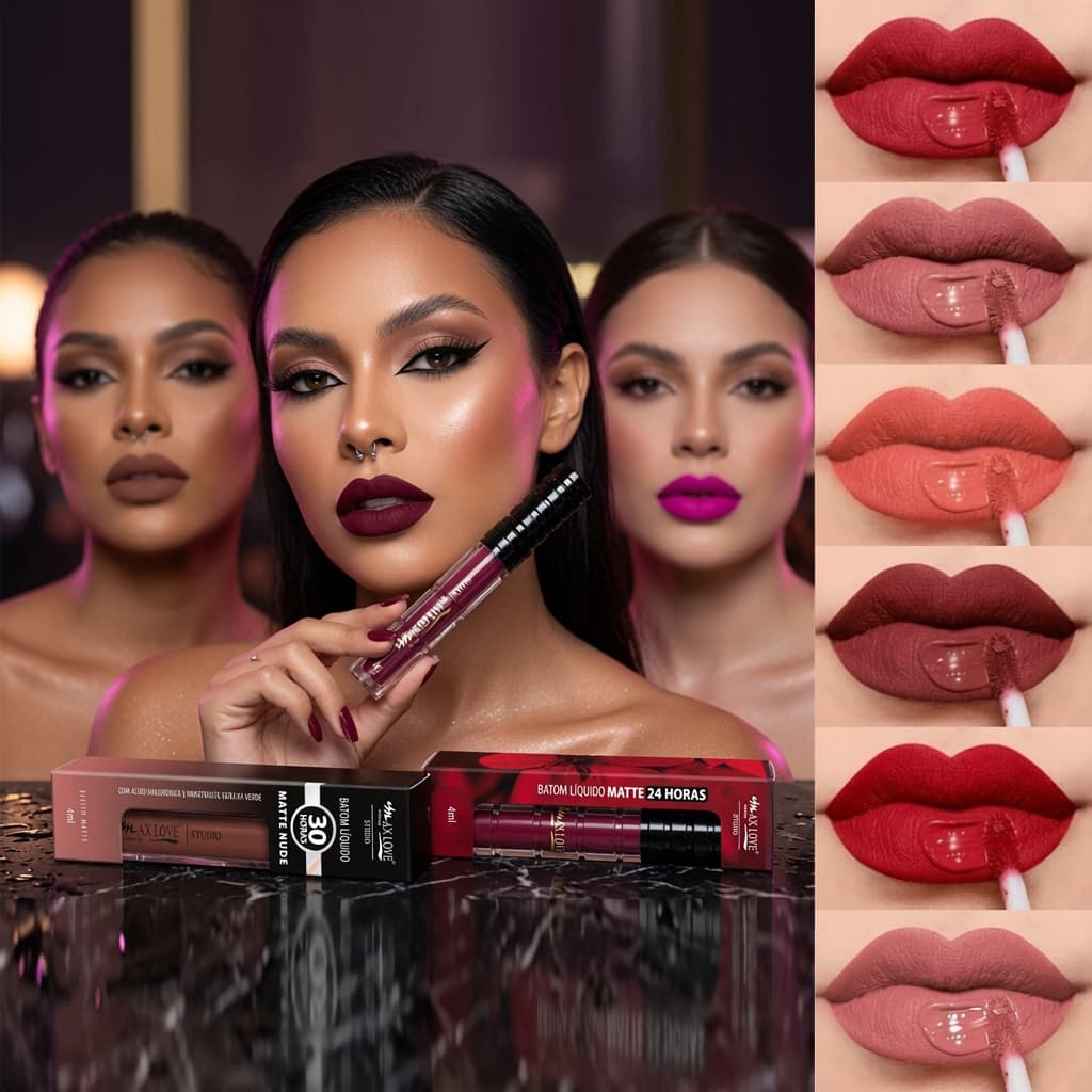 Kit 8 cores de Batom Líquido Matte Nude Hidratante 24 e 30h Cores: Vinho Vermelho Rosa Marrom Fúcsia
