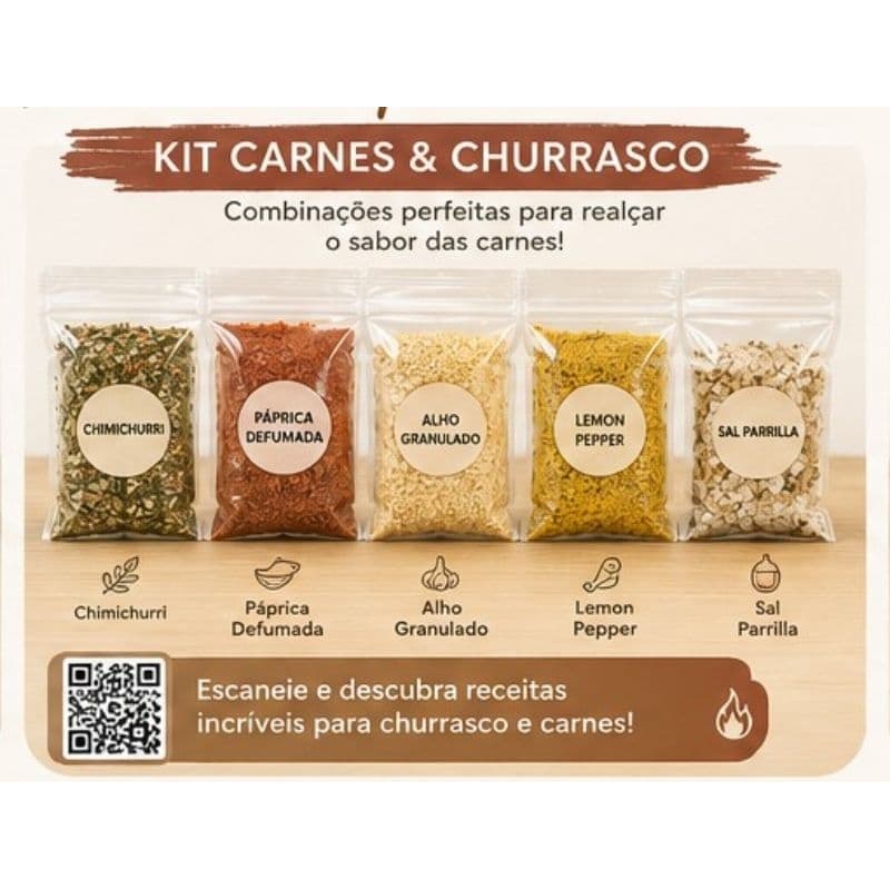 Temperos e Condimentos-Kit com 5 unidades - 30g - Carnes e Churrascos.