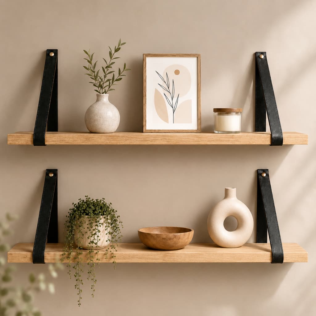 Kit 2 Prateleiras de Parede 60x15cm com Suporte de Corino em MDF para Sala Quarto Cozinha Escritório