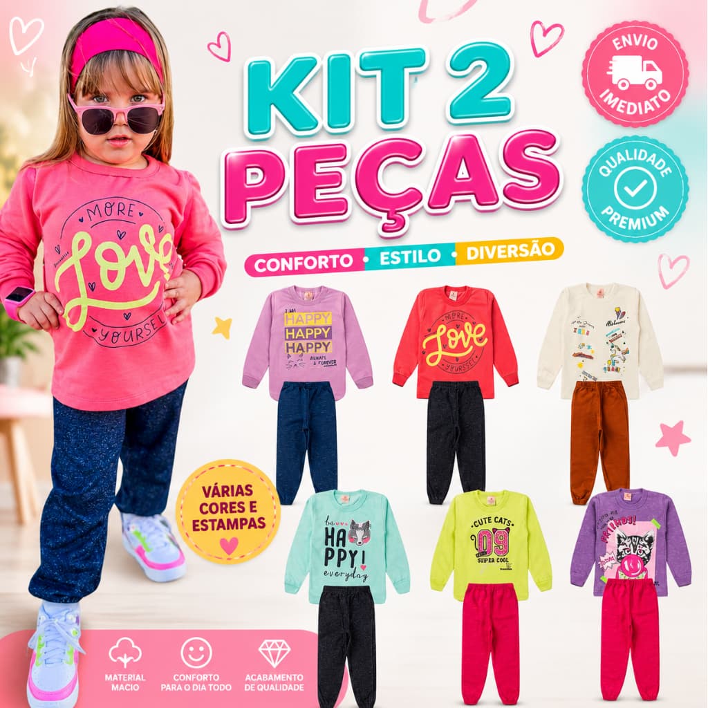 Conjunto Menina Infantil Moletom Feminino Peluciado Roupa de Frio Inverno (Casaco + Calça)
