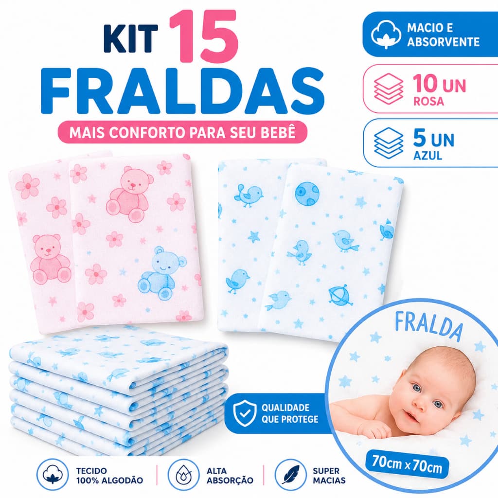 Kit 15 Fraldas de Pano 60×60 cm Algodão – Enxoval Bebê Menino ou Menina, Toque Macio