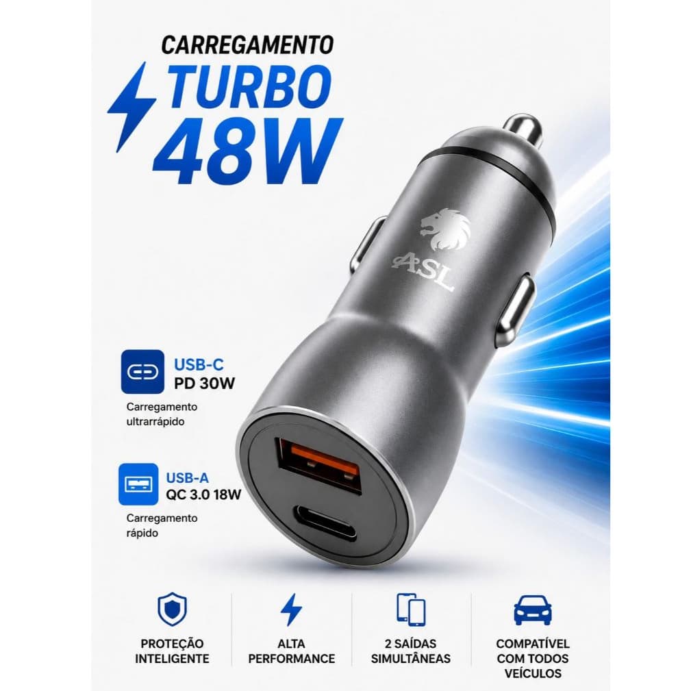 CARREGADOR VEICULAR TURBO ASL 48W (PD30W +QC 3.0 18W) DUAS ENTRADAS USB-C E USB-A COMPATÍVEL COM iPhone, SAMSUNG, XIAOMI
