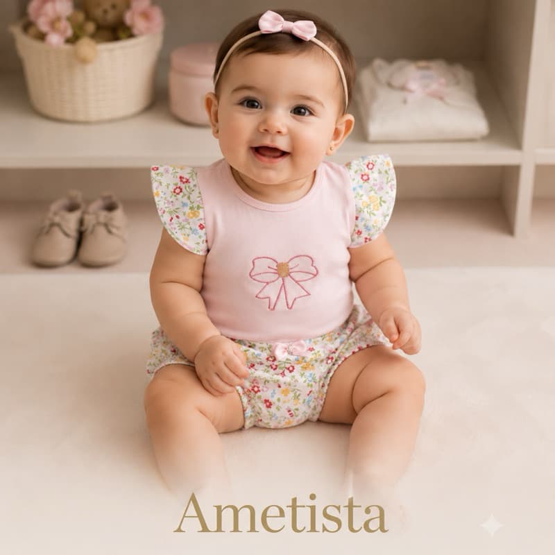 Body Bebê Feminino com Short Tapa Fralda 3 a 6 Meses Roupa de Bebê Menina Conjunto Infantil
