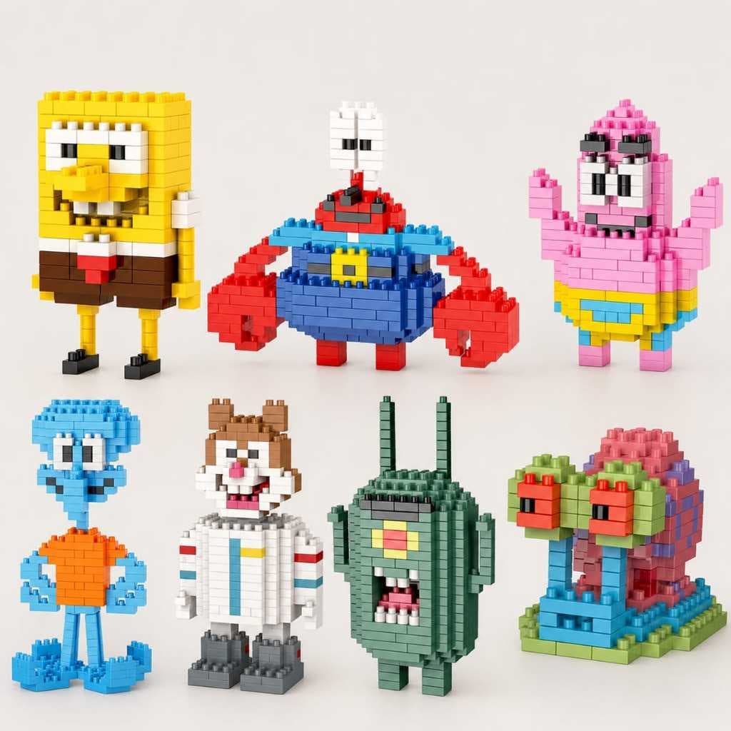 blocos de montar, bob esponja, patrick, lula molusco, sandy, plankton, gary, mini blocos, brinquedo, coleção, lego