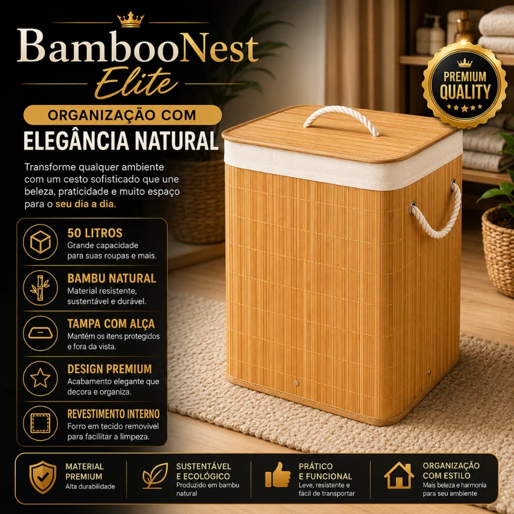 Cesto de Roupas Bambu 50 Litros com Tampa e Alças Organizador Dobrável para Lavanderia Quarto Banheiro BambooNest Elite