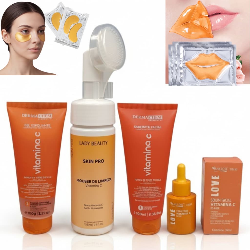 Kit Skincare Completo Vitamina C: Sabonete, Gel Esfoliante, Mousse e Sérum Facial Rejuvenescedor