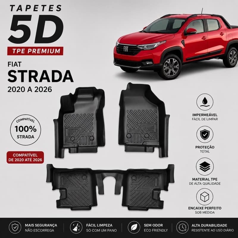 Tapete Bandeja Automotivo TPE 5D Sob Medida FIAT STRADA (2020-2026)CABINA DUBLA – Resistente, Lavável e Antiderrapante