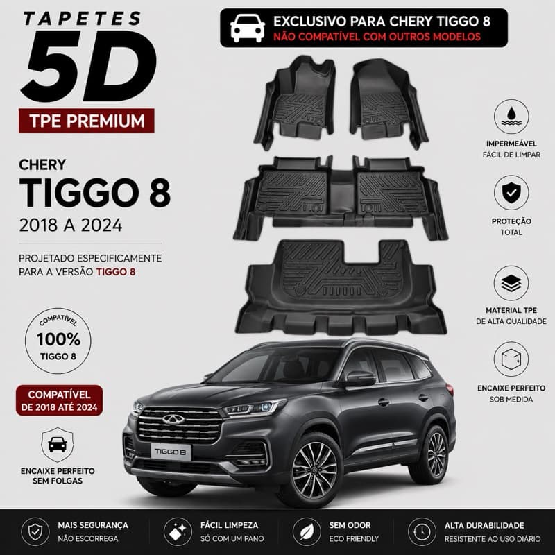 Tapete Bandeja Automotivo TPE 5D Sob Medida TIGGO 8 , 2018-2024 – Resistente, Lavável e Antiderrapante