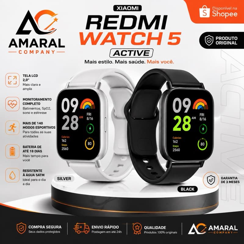Relógio SmartWatch Redmi Watch 5 Active 140 modos de treino Cor Black ou Silver