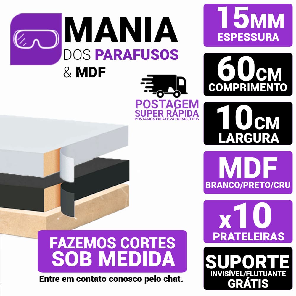 Kit 10 Prateleiras Flutuante MDF 15mm Branca, Preta ou Cru 60x10cm C/Suporte Invisível Para Parede Sala Quarto Cozinha