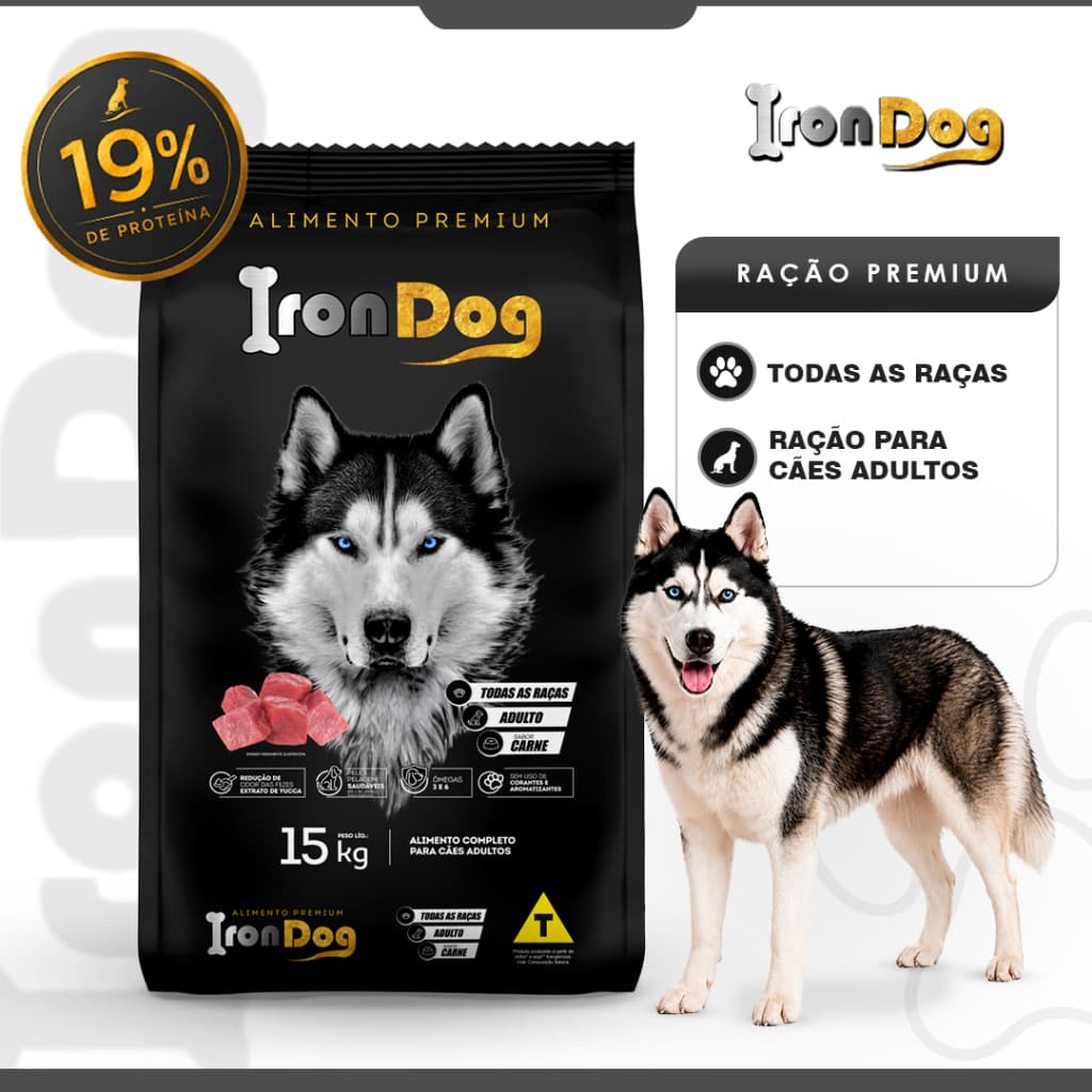 Ração Para Cachorro 15kg Iron Dog Premium Adulto Sabor Carne Nível Proteína 19%