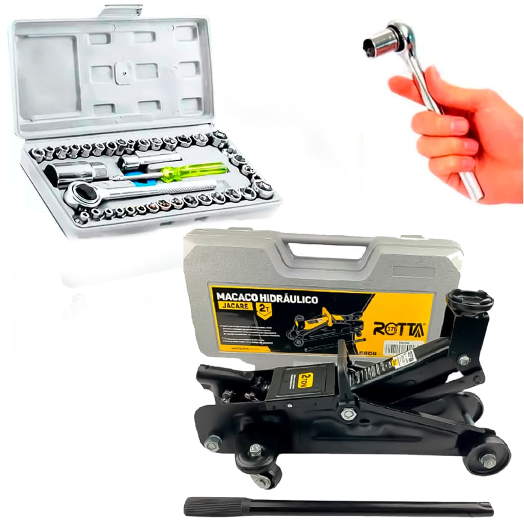 Kit Mecânico Profissional Macaco Hidráulico Jacaré 2T Eleva Car + Jogo Soquetes 40 Pçs Chave Catraca