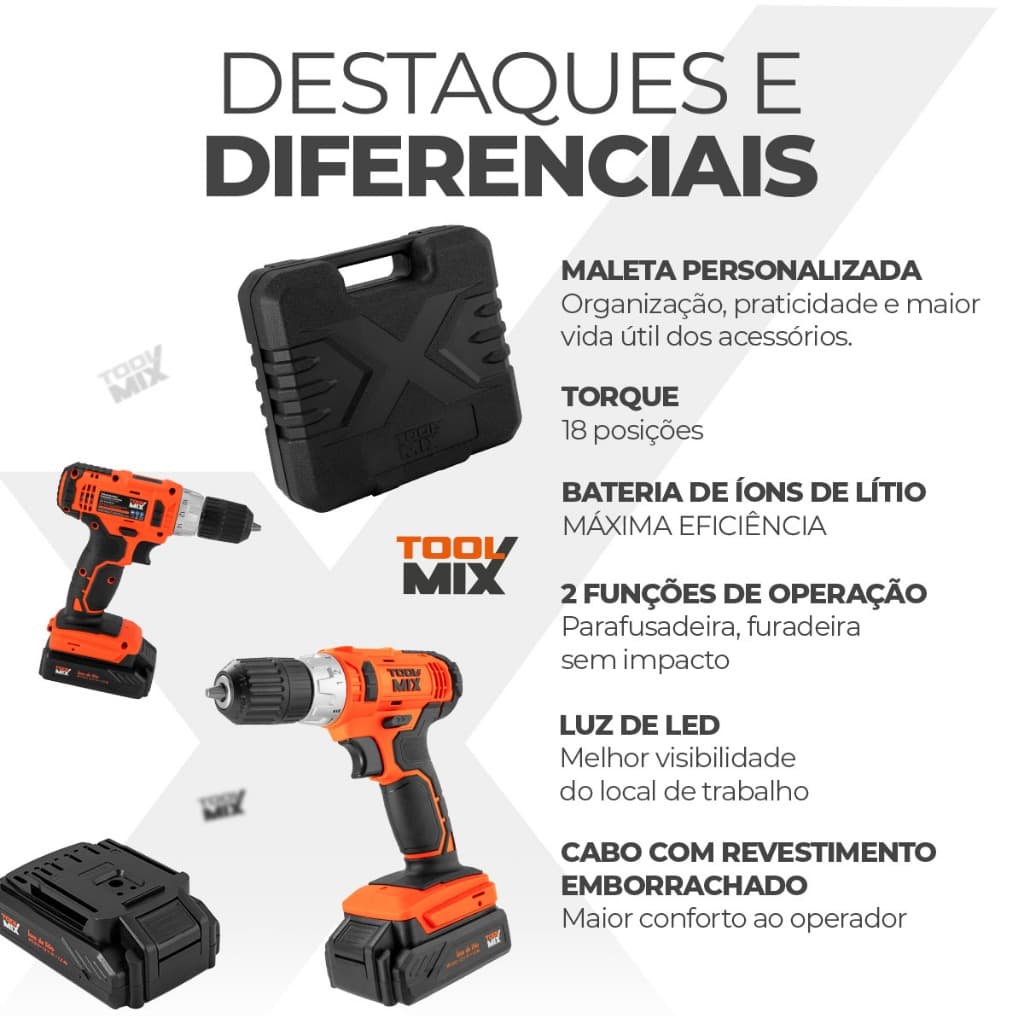 Parafusadeira Furadeira 12V Toolmix PFT012 20Nm Bateria de Lítio Maleta Mandril 10mm