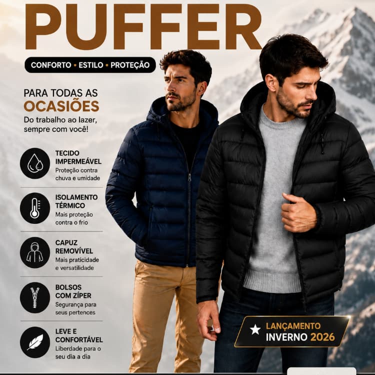 Jaqueta Bobojaco Puffer  Masculino Inverno c Capuz Removível Zíper Impermeável Quente Inverno