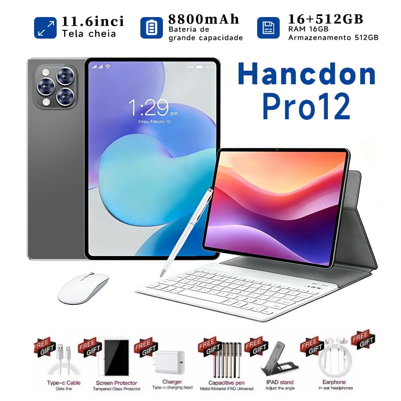 Pad Pro12 Combo with Keyboard and Mouse - 11.6" inch 16GB + 512GB Android 15 8800mAh Ideal for Studies and Games