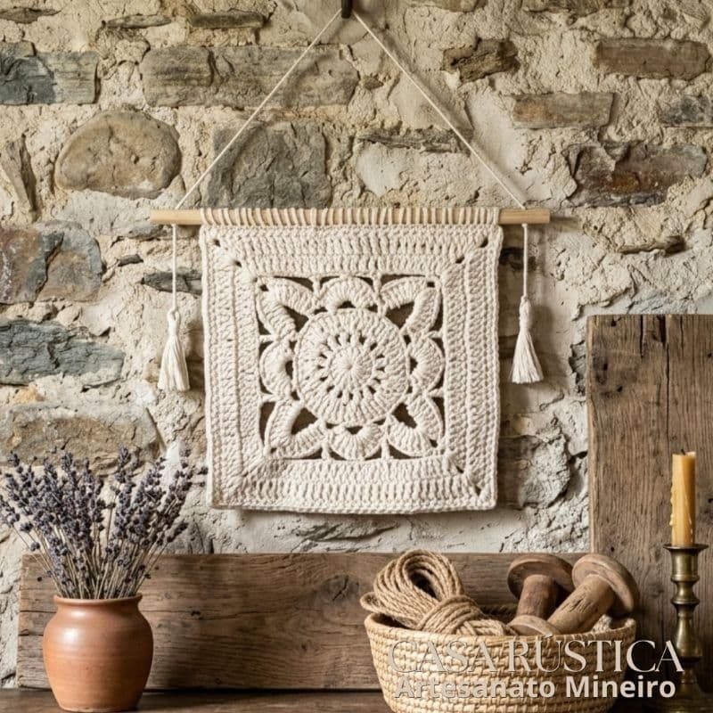 Painel de Crochê para Parede 35x24cm Boho Chic Flor de Lótus Decoração Rústica Barbante - Casa Rústica