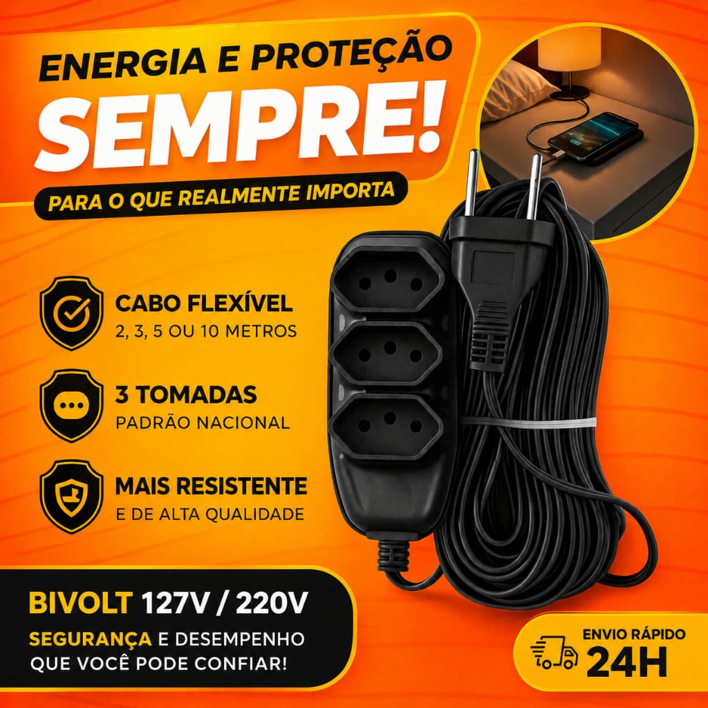 Extensão Elétrica Reforçada 3 Tomadas 10A Bivolt Cabo Flexível  110V/220V Preta 2m 3m 5m 10m