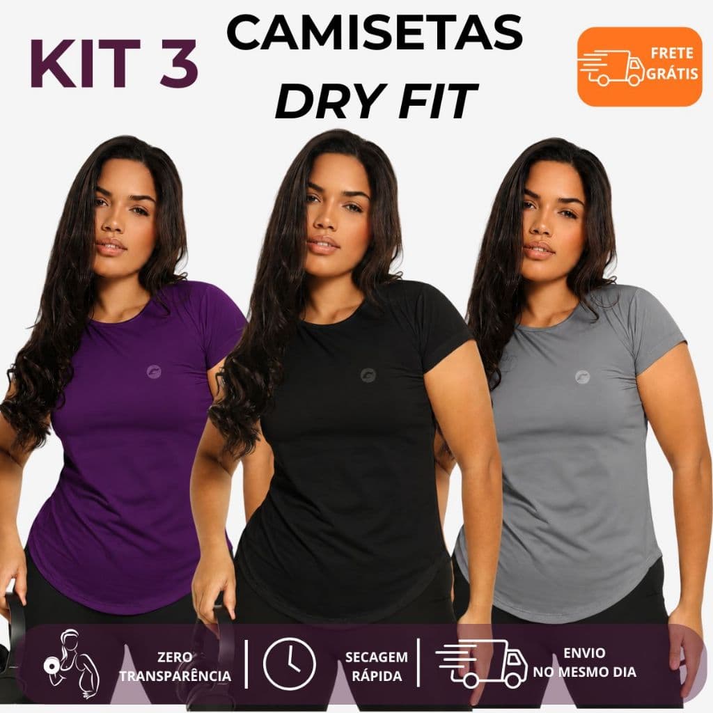 Kit 3 Camiseta Feminina Dry Fit Academia Treino Fitness Caminhada Musculação